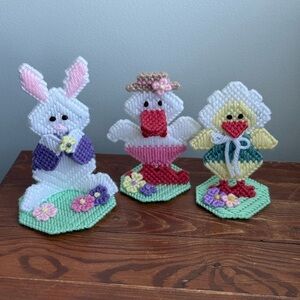 3 Vintage Easter Bunny Rabbit Chick Duck Handmade Canvas Needlepoint Springtime